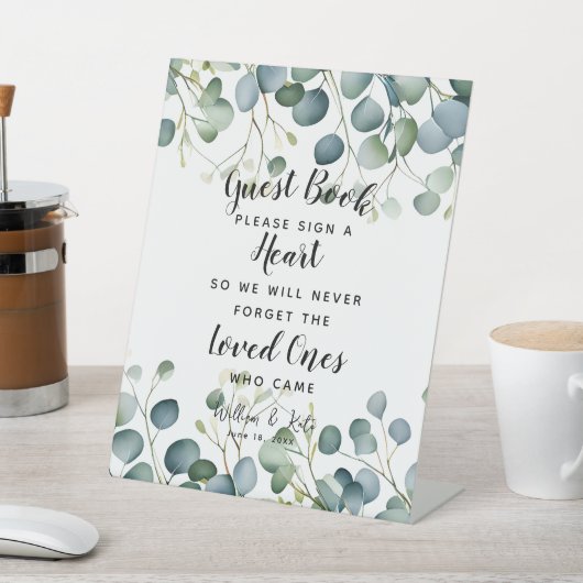 葉の緑のハートゲストブック結婚ユーカリ 台座サイン (インサイチュ)