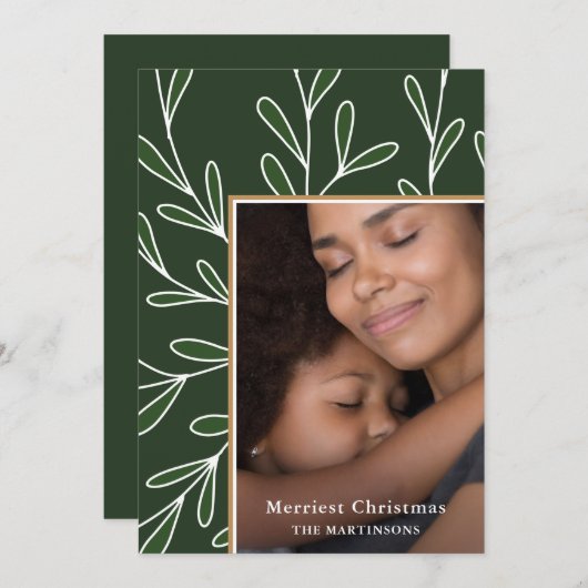 葉の緑のフレーム写真メリークリスマス シーズンカード (正面/裏面)