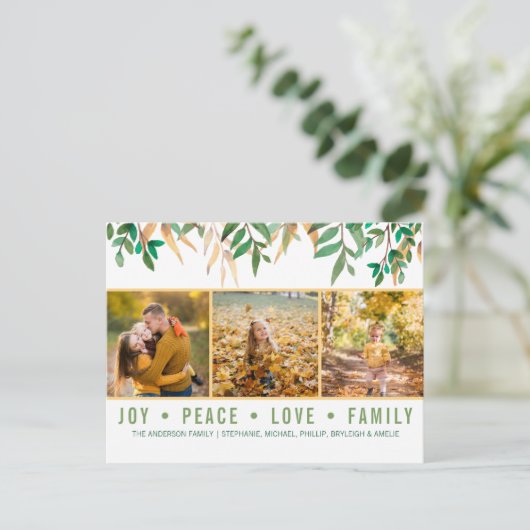 葉の緑の喜びの平和愛家族写真のコラージュ シーズンポストカード (スタンド正面)