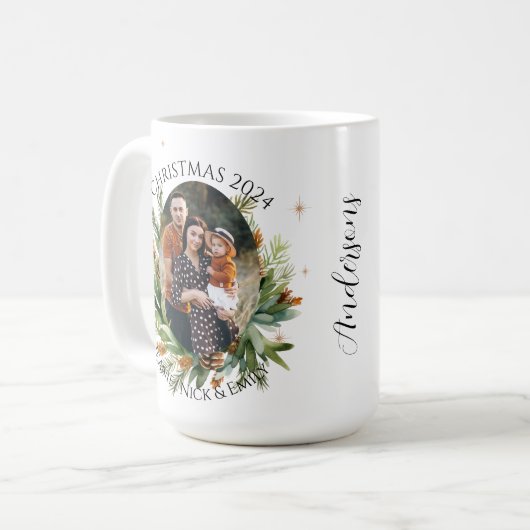 葉の緑離れの家族の写真メリークリスマス コーヒーマグカップ (正面左)