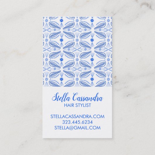 葉の羽の青い白いタイルモダンのパターン 名刺 (裏面)