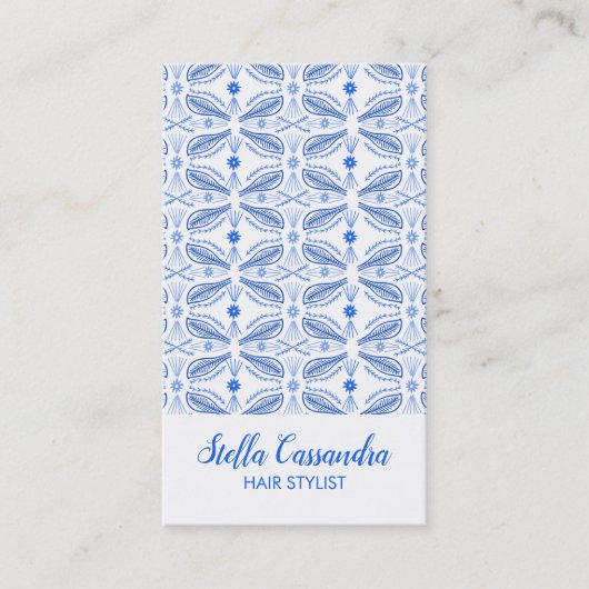 葉の羽の青い白いタイルモダンのパターン 名刺 (正面)