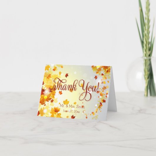葉の色とりどりの秋の結婚式のお礼カード サンキューカード (正面)