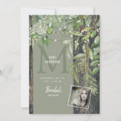 葉の装飾が施された、自然な雰囲気の写真　サジ色のライト　ブライダルシャワーのお知らせ 招待状 (正面)