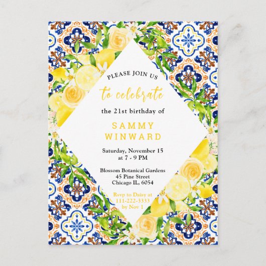 葉の誕生日会地中海の付きレモン ポストカード (正面)