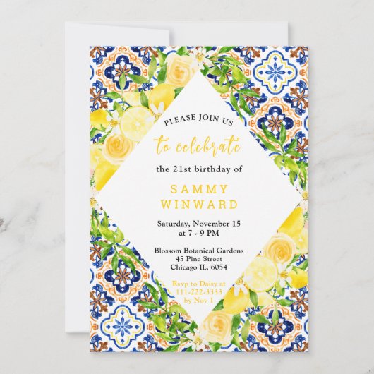 葉の誕生日会地中海の付きレモン 招待状 (正面)