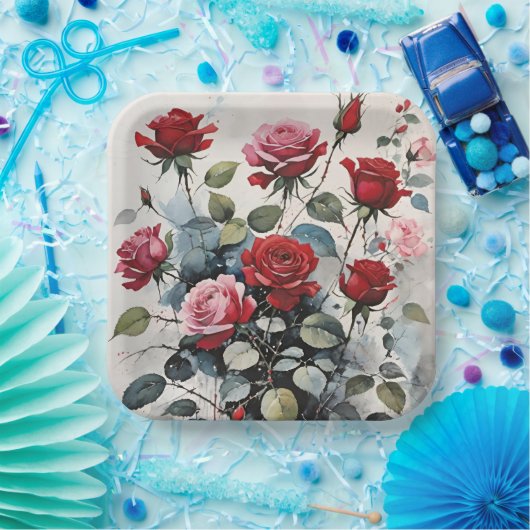 葉の長い茎の赤とピンクのバラ ペーパープレート (パーティー)