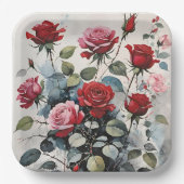 葉の長い茎の赤とピンクのバラ ペーパープレート (正面)