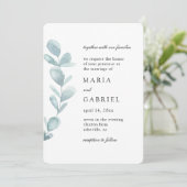 葉の風通しの良い水色。シンプル白結婚病 招待状 (スタンド正面)