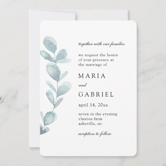葉の風通しの良い水色。シンプル白結婚病 招待状 (正面)