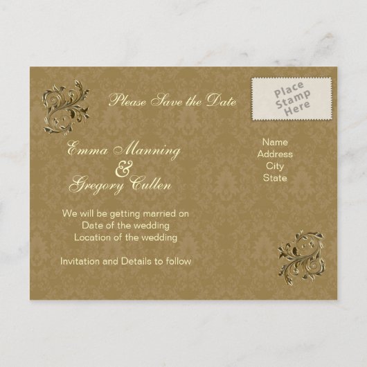 葉の黄金の渦巻き日付保存 案内ポストカード (裏面)