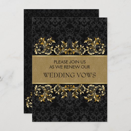 葉の黄金の渦巻き、黒のダマスク誓の更新 招待状 (正面/裏面)