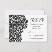 葉の黒いダマスク渦巻き旋回ウェディングRSVP 出欠カード (正面)