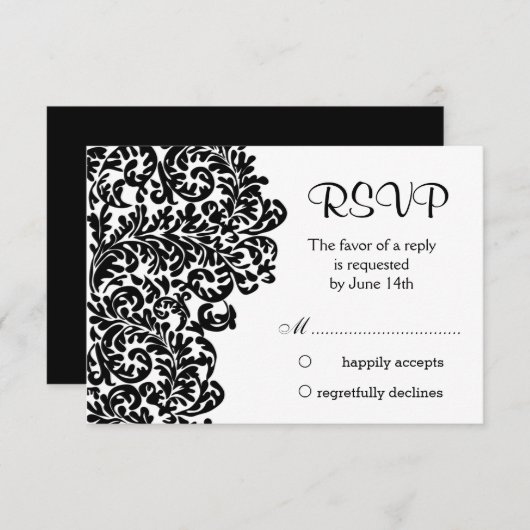 葉の黒いダマスク渦巻き旋回ウェディングRSVP 出欠カード (正面/裏面)