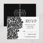 葉の黒いダマスク渦巻き旋回ウェディングRSVP 出欠カード (正面/裏面)