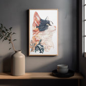 葉をエレガントモチーフにしたタキシード猫 – 紙アート ポスター