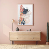 葉をエレガントモチーフにしたタキシード猫 – 紙アート ポスター