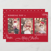 葉をモチーフにした赤いメリークリスマスフォトカード 招待状 (正面/裏面)