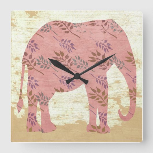 葉を持つピンク象 スクエア壁時計 (正面)