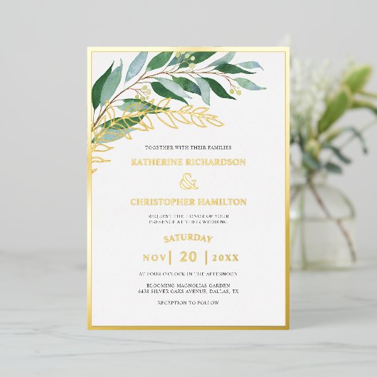 葉エレガント林の緑の金ゴールド結婚葉 箔招待状 (立ち正面)