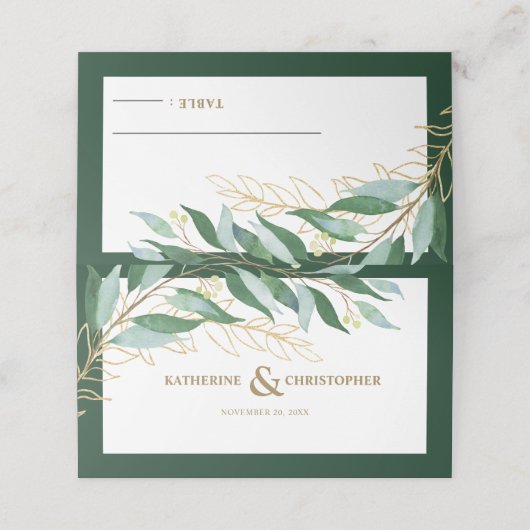 葉エレガント林の緑の金ゴールド結婚 プレイスカード (外部開封)