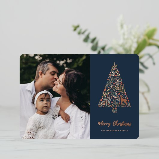 葉エレガント樹 |ネイビー |写真 箔シーズンカード (立ち正面)