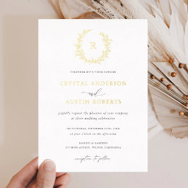 葉エレガント状リースモノグラムの結婚葉 箔招待状