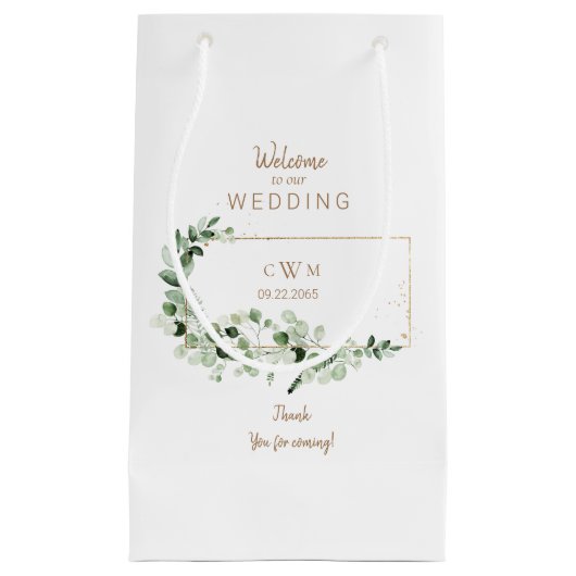 葉エレガント葉と金ゴールド結婚式の引き出物ありがとう スモールペーパーバッグ (正面)