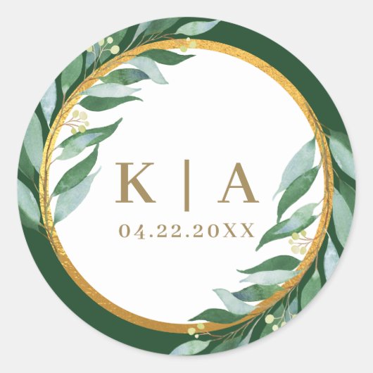 葉エレガント金ゴールド葉モノグラム結婚の ラウンドシール (正面)