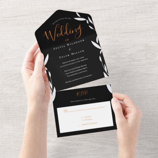 葉オレンジブラック結婚の全てを1つの招待状 オールインワン招待状 (貼ってはがせる)