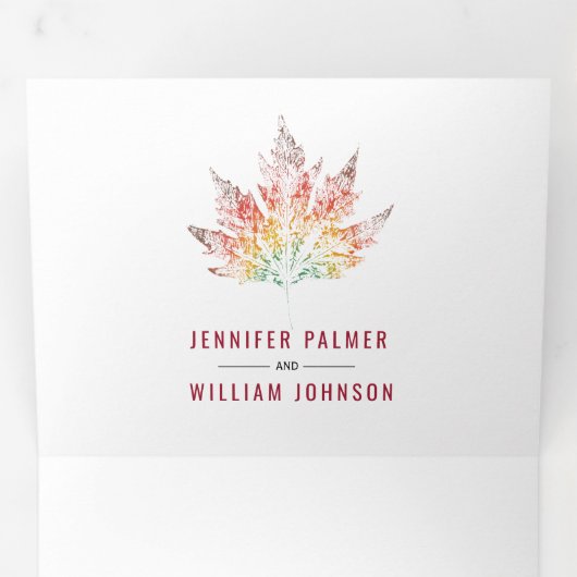 葉カラフルプリントブルゴーニュ赤秋の結婚式 三つ折り招待状 (内部最初)