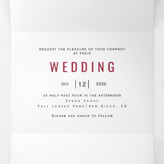 葉カラフルプリントブルゴーニュ赤秋の結婚式 三つ折り招待状 (内部中)