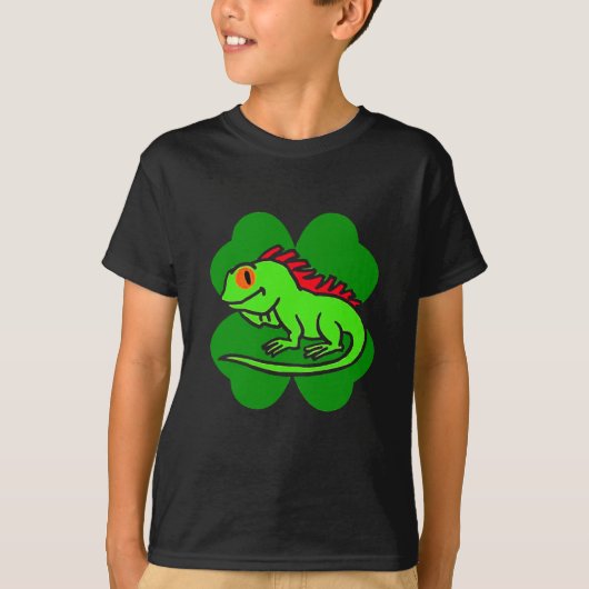 葉クローバー付き緑のイグアナ Tシャツ (正面)
