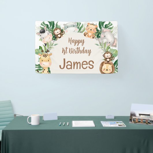 葉サファリ動物のアーチ1歳の誕生日 横断幕 (トレードショー)