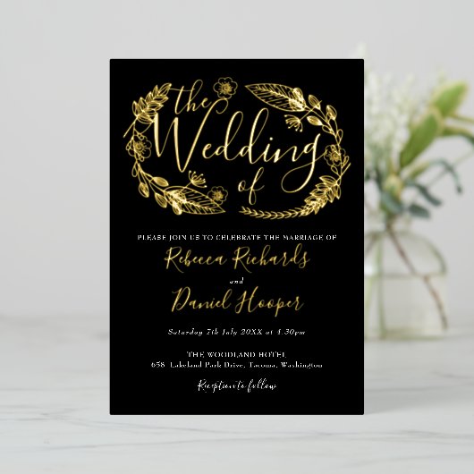 葉シックな結婚スクリプトの黒と金の箔 箔招待状 (立ち正面)