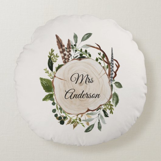 葉チョーク素朴ウッド ラウンドクッション (正面)