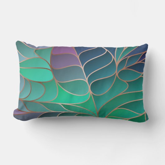 葉ティール（緑がかった色）、アクア、パープルニューアールヌーボー ランバークッション (正面)