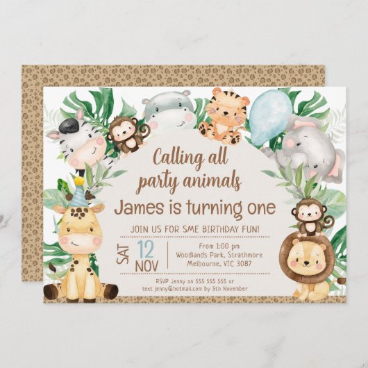 葉ハサファリアーチパーティー動物1st誕生日 招待状 (正面/裏面)