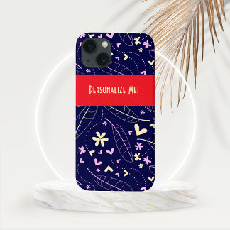 葉ハートとの花が青にパーソナライズされた咲く iPhone 13ケース