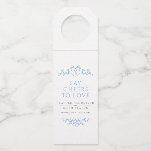葉ハートモノグラム青の白のカスタムウェディング ボトルネックタグ (正面)