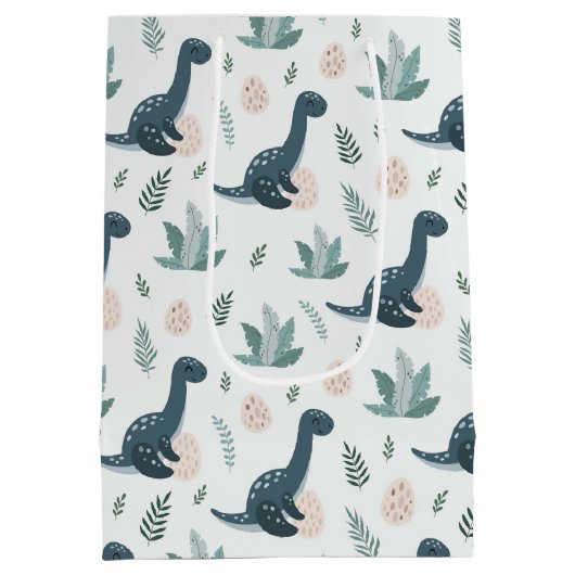 葉パーソナライズされた葉と卵を持つ青い恐竜 ミディアムペーパーバッグ (裏面)