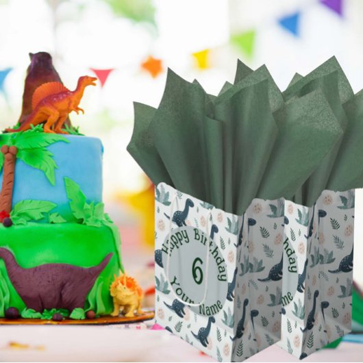 葉パーソナライズされた葉と卵を持つ青い恐竜 ミディアムペーパーバッグ