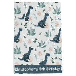 葉パーソナライズされた葉と卵を持つ青い恐竜 ミディアムペーパーバッグ