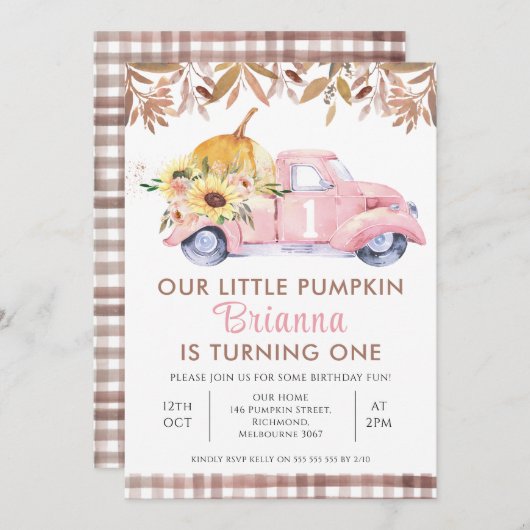 葉ピンクトラックリトルカボチャ1st誕生日 招待状 (正面/裏面)