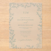葉ミニマル仙緑モノグラエレガントム結婚ズ アクリル招待状 (正面)