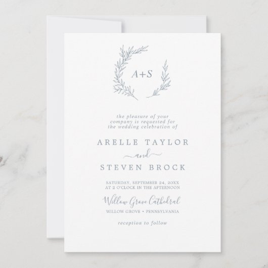 葉ミニマル板 |ほこりっぽいブルースモール・モノグラム結婚ズ 招待状 (正面)