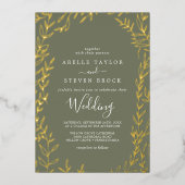 葉ミニマル板 |ゴールドフォイルダークグリーン結婚ズ 箔招待状 (正面)