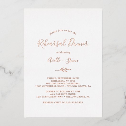 葉ミニマル板 |バラゴールドフォイルリハーサルディナー 箔招待状 (正面)