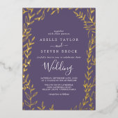 葉ミニマル板 |プラムパープルとゴールドフォイル結婚ズ 箔招待状 (正面)