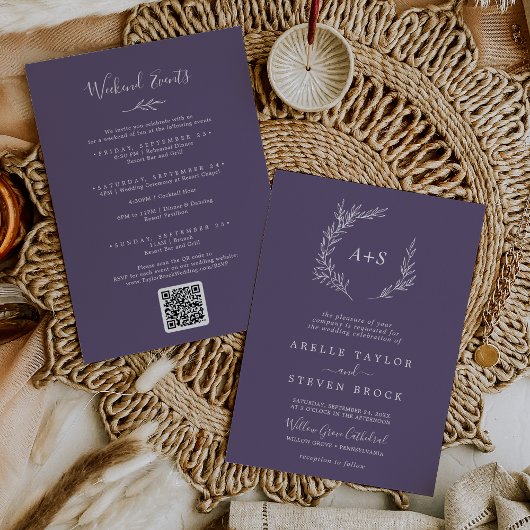 葉ミニマル板 |プラムパープルウィークエンドイベント結婚ズ 招待状